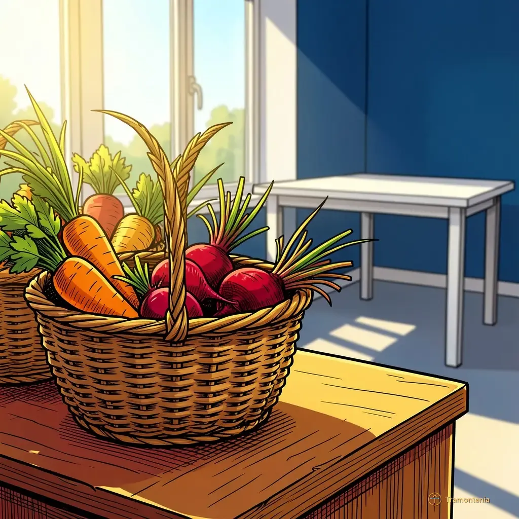 A close-up shot of a few baskets woven from local reeds and grasses, filled with colorful root vegetables like carrots and beets. The basket rests on an unadorned wooden counter surface in the foreground. The background shows blurred natural light filtering through large windows onto simple display equipment (a plain white table). Midday sun illuminates the scene strongly, casting defined shadows.