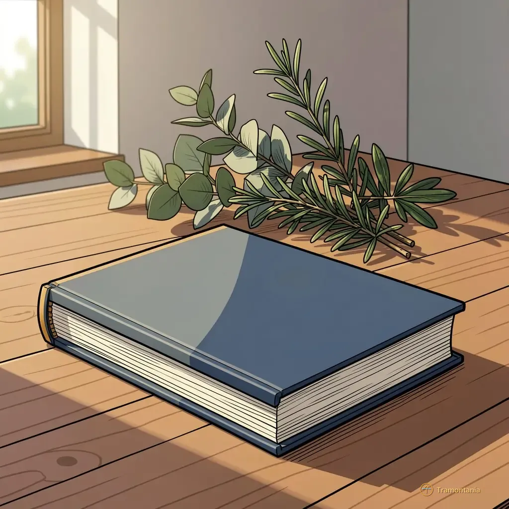 Une pile de livres ouverts et cahiers sont disposés sur une table en bois devant trois types différents de feuillage local