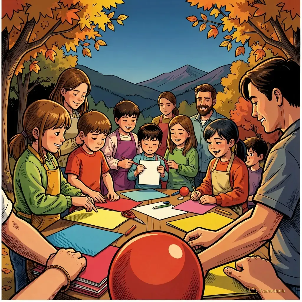 Un groupe d'enfants et parents travaillent ensemble sur une table extérieure décorant des ballons ou utilisant du papier coloré à l'automne