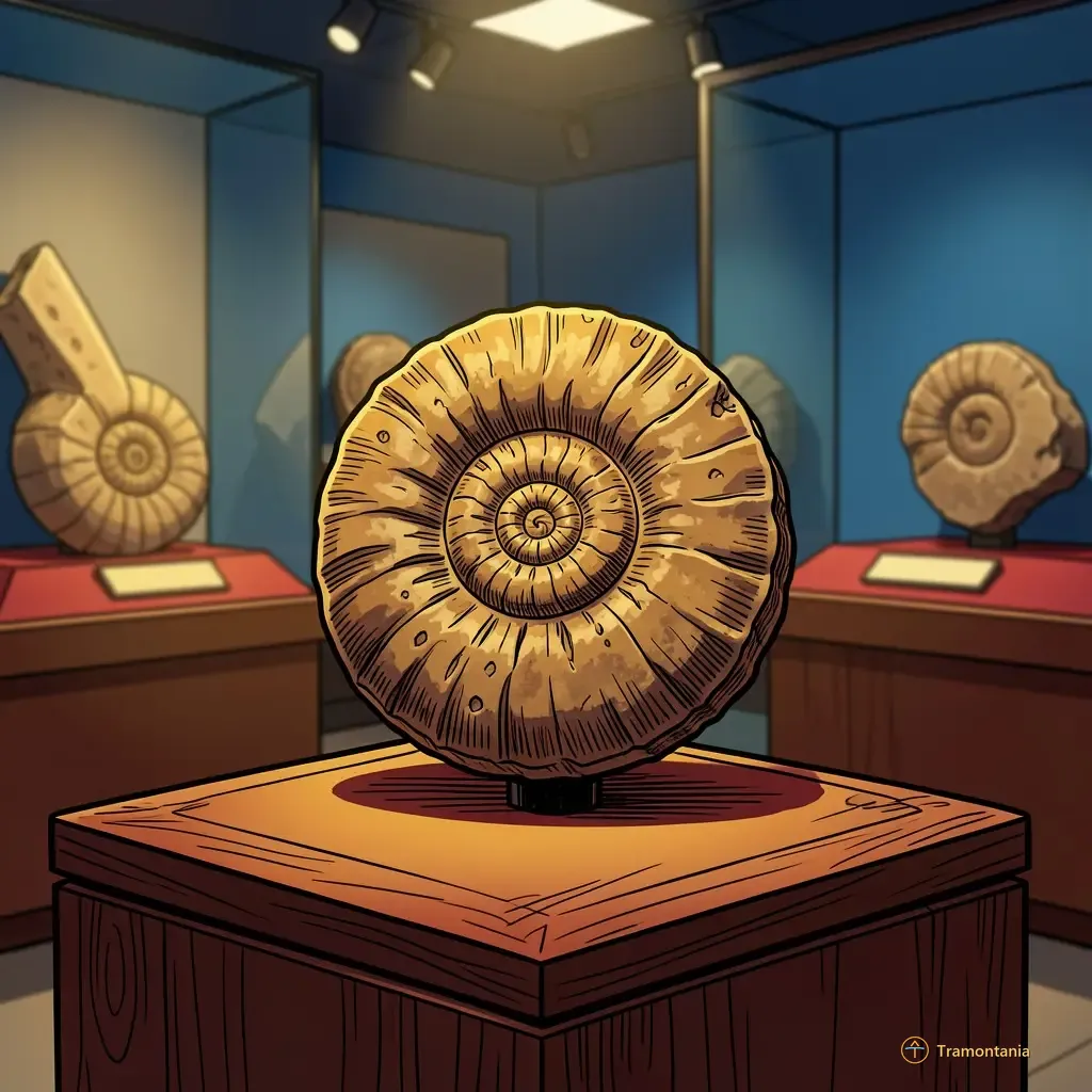 Close-up shot of a detailed fossil replica (e.g., ammonite or bone fragment) displayed under focused museum lighting on a dark wooden pedestal, emphasizing the texture and scientific labeling; shallow depth of field highlights the specimen against the blurred background of other exhibits.