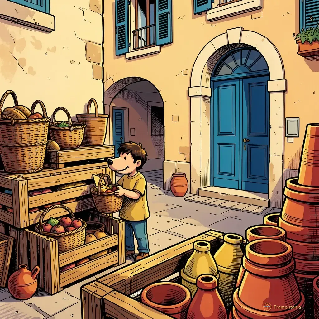 Des caisses en bois empilées contenant des paniers tissés et des pots en terre cuite bordent une ruelle étroite devant l'entrée de la médiathèque où se tient l'âne
