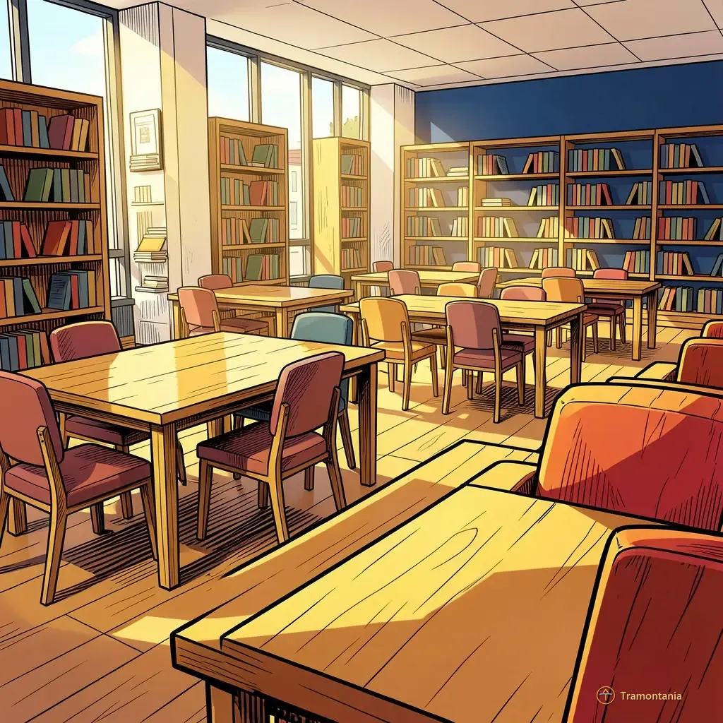 Une salle de lecture moderne présente plusieurs tables en bois et chaises confortables disposées pour des ateliers
