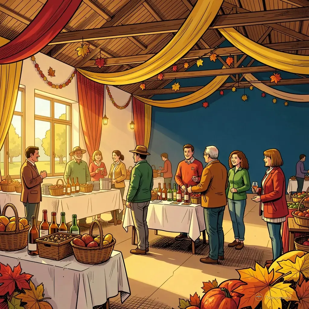 Nino, l'âne de Tramontania — Un grand hall intérieur de Saleilles aménagé avec des tissus drapés et des décorations d'automne simples accueillant un rassemblement communautaire