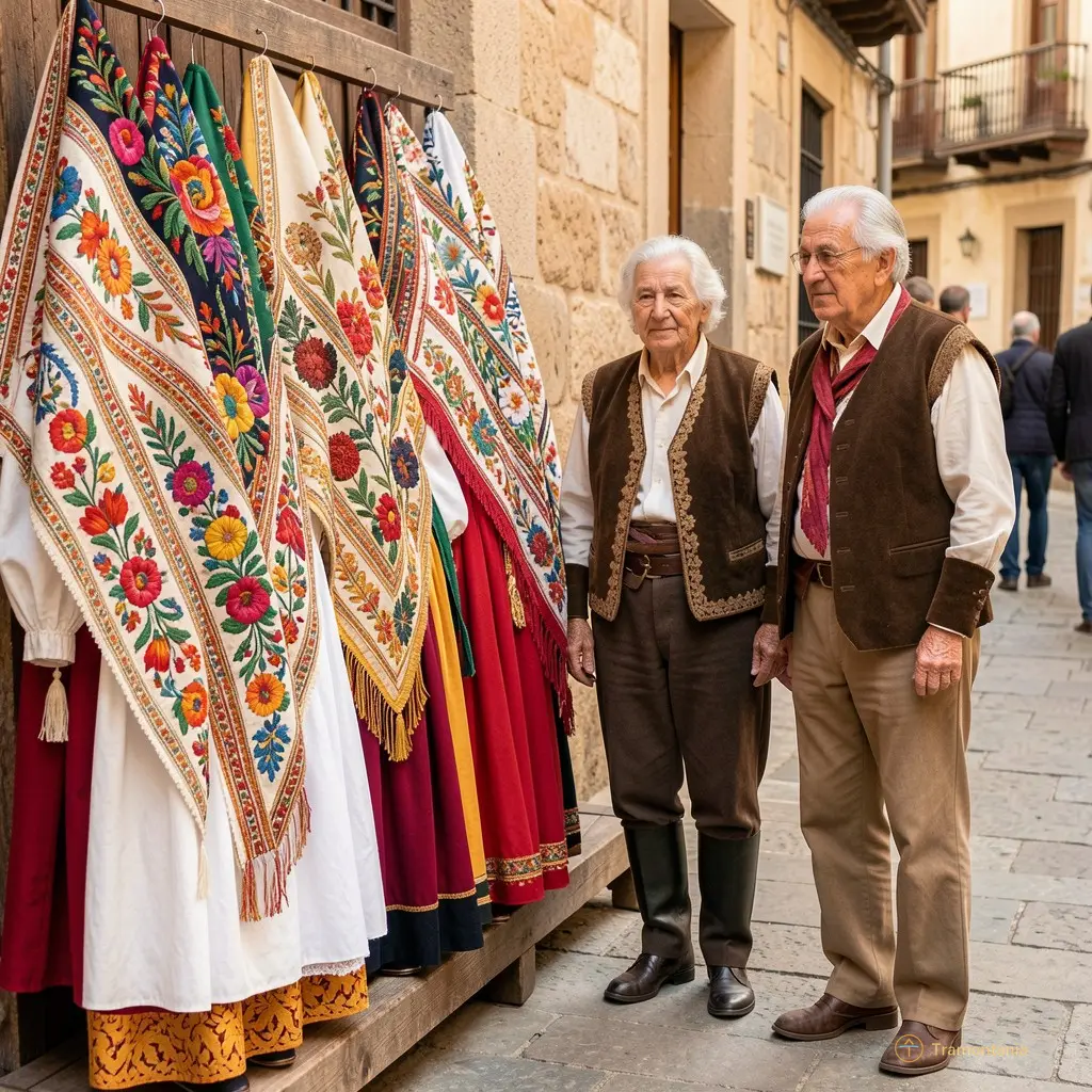 Elderly couple standing quietly beside a display of traditional Catalan dance costumes with embroidered shawls