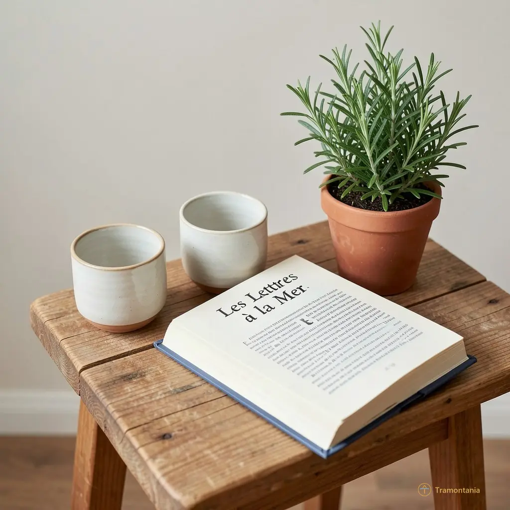 A small wooden table with two ceramic cups and an open book titled 'Les Lettres à la Mer' beside a potted rosemary plant