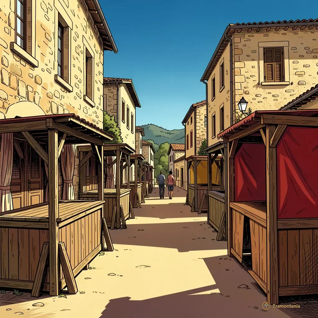 Une rue calme de Saint-Paul de Fenouillet montre la texture de vieilles pierres et de bois patiné pour des structures temporaires