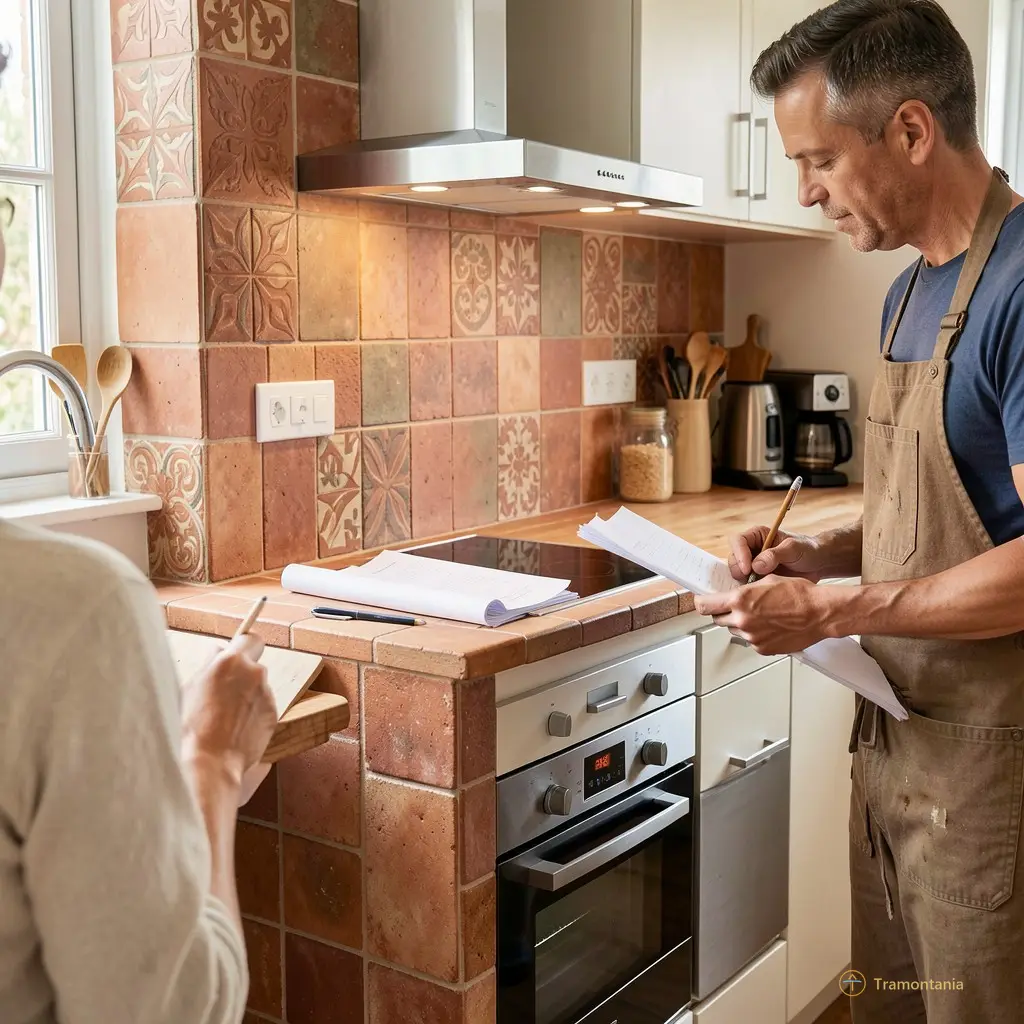Close-up of a beautifully designed kitchen stand featuring local terracotta tiles and modern appliances, with a visitor discussing plans with an artisan