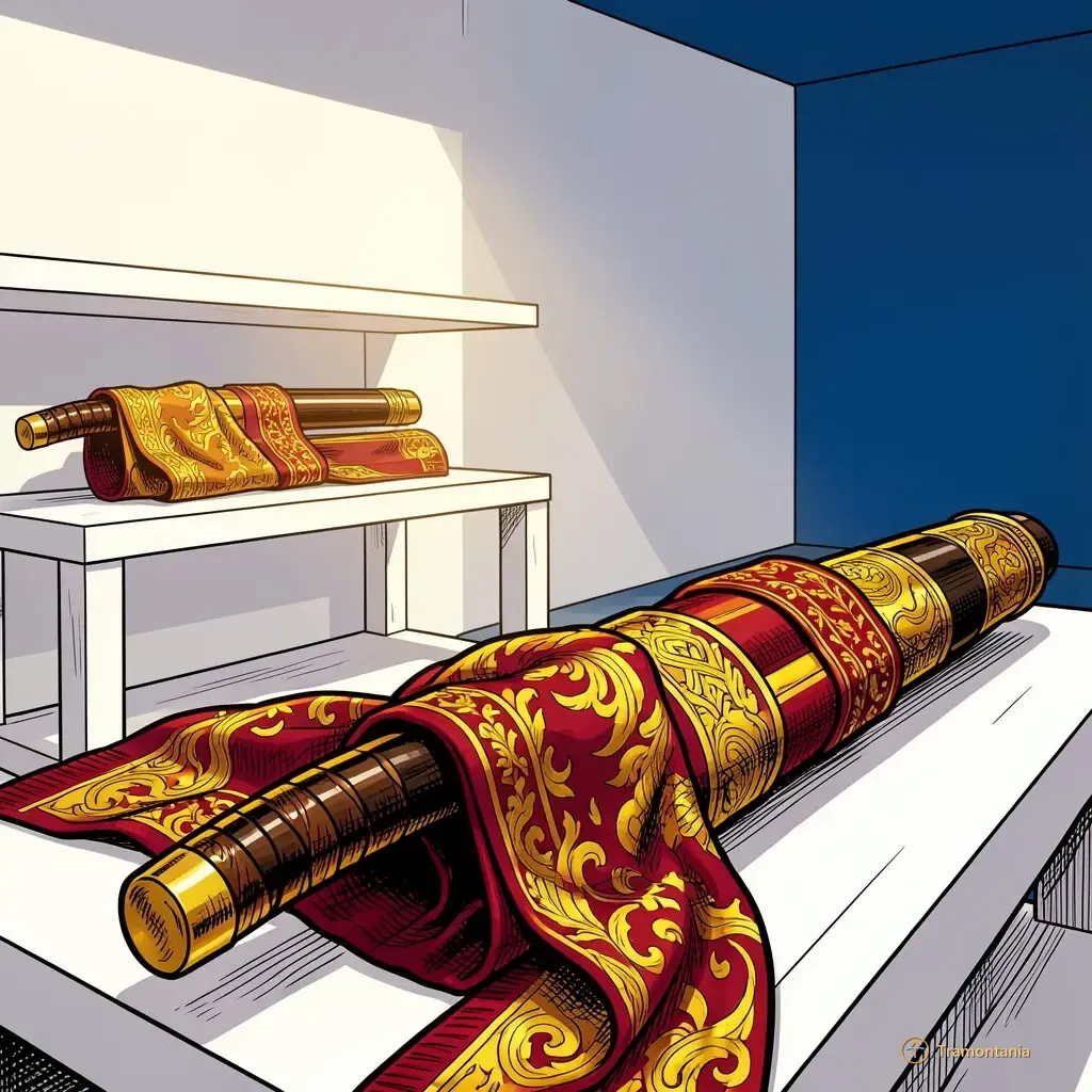 Close-up shot of richly textured silk and lacquered wood artifacts (like a sword hilt or decorative belt) displayed on simple white wooden shelving units inside an exhibition room. The lighting is bright ambient daylight coming from the side, emphasizing the deep colors and patterns of the materials against plain background material.