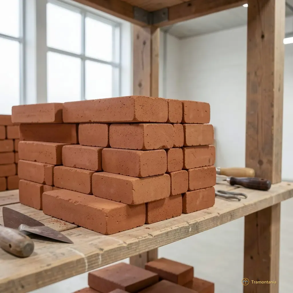 A close view of a stack of unfired, rectangular clay blocks (pains de terre) arranged neatly on rough wooden shelving inside an industrial-looking workshop space. Tools like trowels and wire cutters are visible nearby. The light is bright but diffused by the surrounding structure.