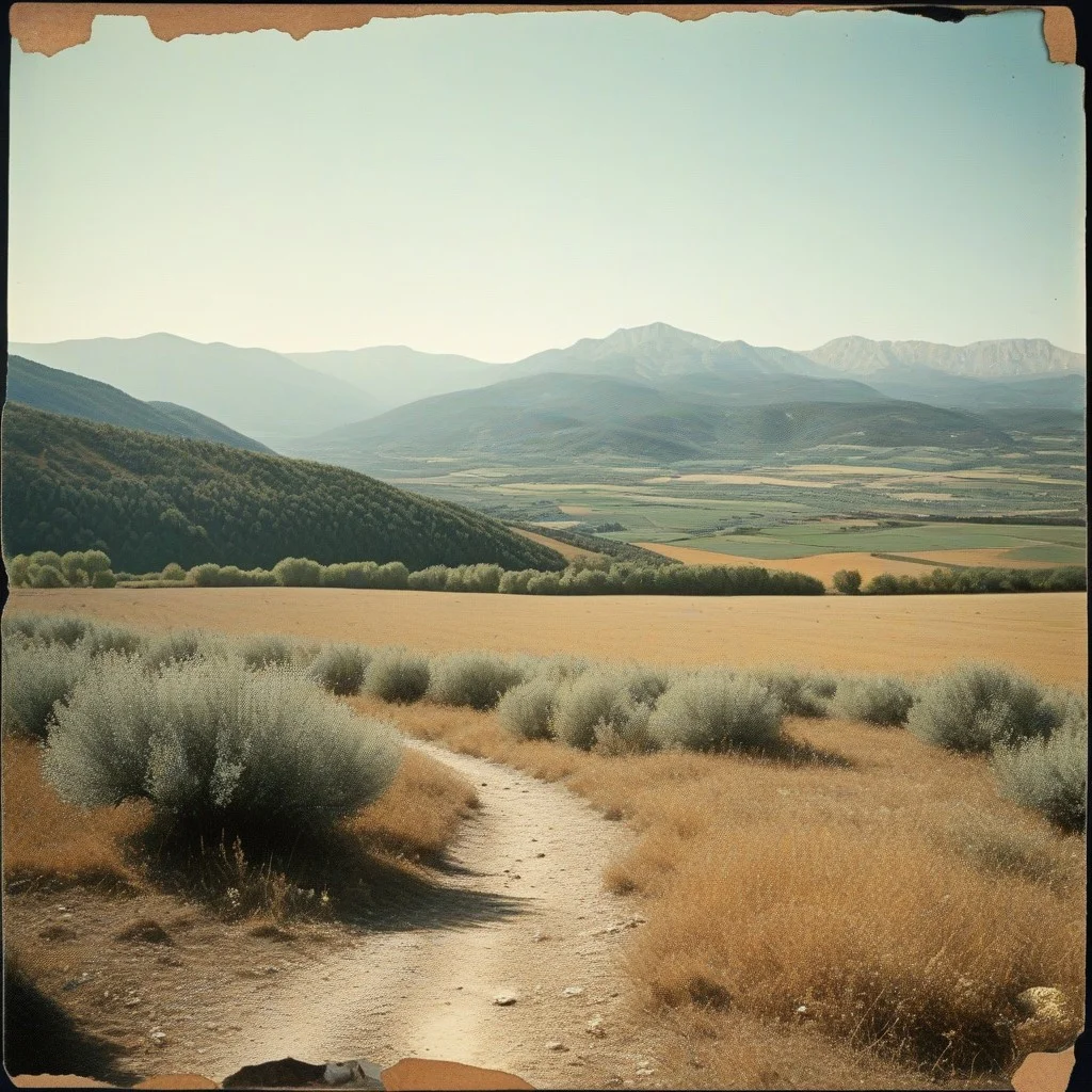 Un ancien tableau représentant un paysage du Roussillon avec des montagnes en arrière-plan et des paysans travaillant dans les champs.