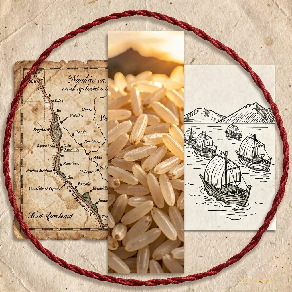 Un collage photographique juxtaposant trois éléments : à gauche, un vieux document manuscrit jaunissant montrant une carte maritime ancienne des routes d'épices ; au centre, un gros plan macro sur des grains de riz brut brillants sous la lumière du soleil couchant ; à droite, un dessin schématique stylisé en noir et blanc représentant des bateaux-loutres (balangay) naviguant vers l'horizon. Le tout est relié par des fils rouges tressés symbolisant les échanges commerciaux.