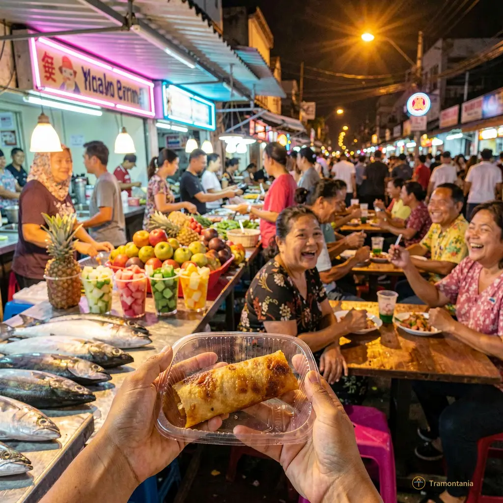 Une photo lumineuse prise en contre-jour dans un marché de nuit aux Philippines. Au premier plan flou, on distingue des mains tenant une assiette en plastique contenant un morceau de *lumpia* doré et croustillant. En arrière-plan net mais éclairé par les néons colorés (rose, bleu cyan), se dessinent silhouettes d'étals vendant du poisson frais, des fruits tropicaux coupés en dés dans des gobelets transparents, et des groupes de personnes riant autour de tables basses. L'atmosphère est festive, bruyante et chaleureuse.