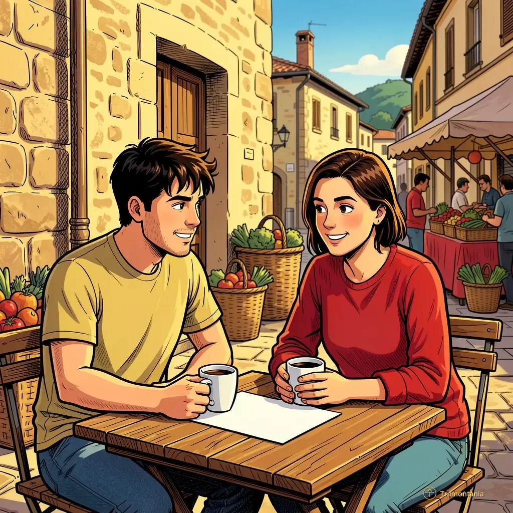 Un jeune couple est assis à une petite table devant un vieux bâtiment en pierre avec du café et des papiers posés dessus