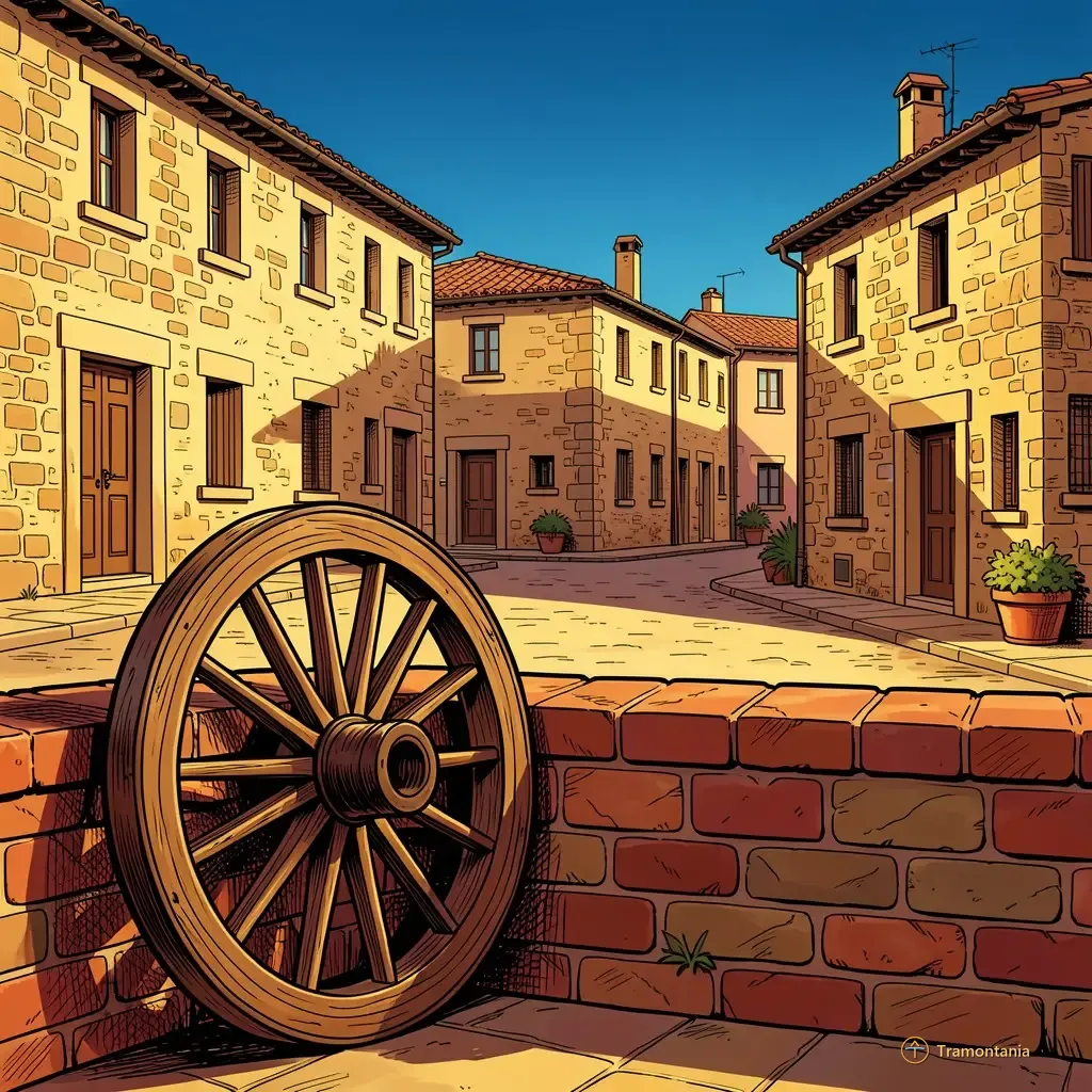 Une roue de chariot ancienne repose contre un mur bas fait de briques rouges locales dans une rue pavée traditionnelle