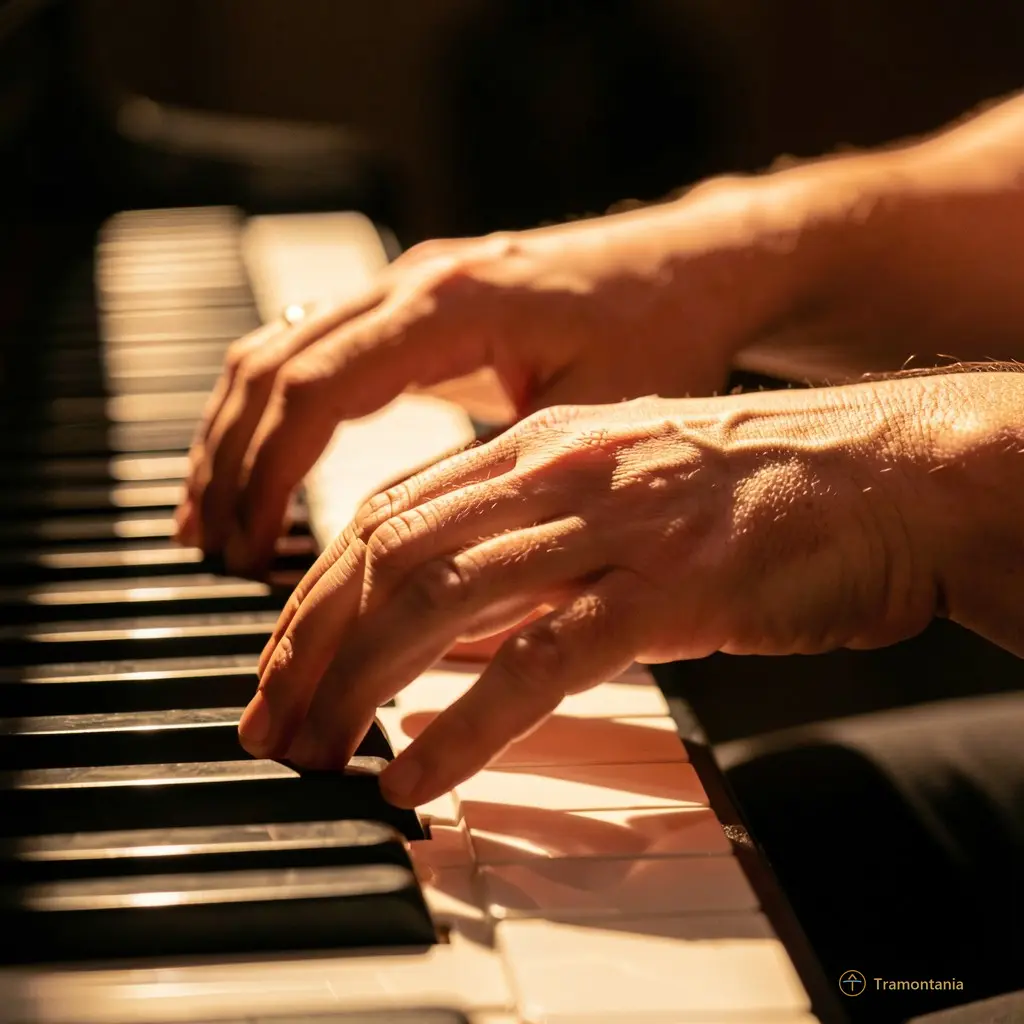 Gros plan sur les mains de la pianiste accompagnatrice, jeux d'ombres et lumières chaudes