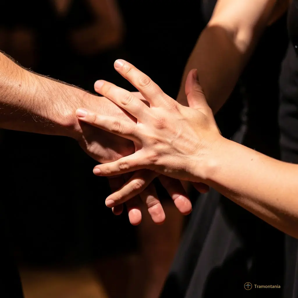 Close-up on dancers' hands touching or moving away from each other, highlighting emotional intensity and shadow play
