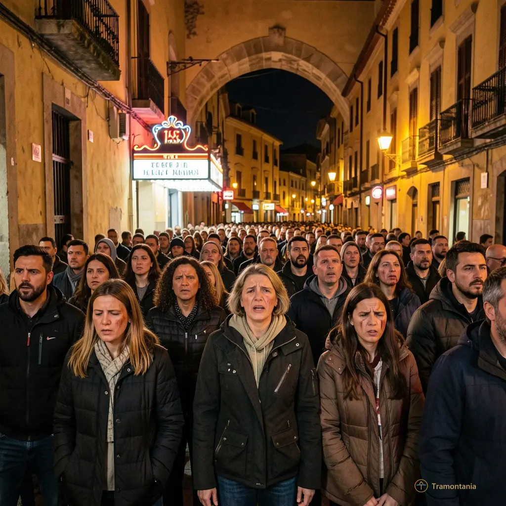 Crowd leaving the theater under the Catalan night, faces still marked by the emotion of the performance