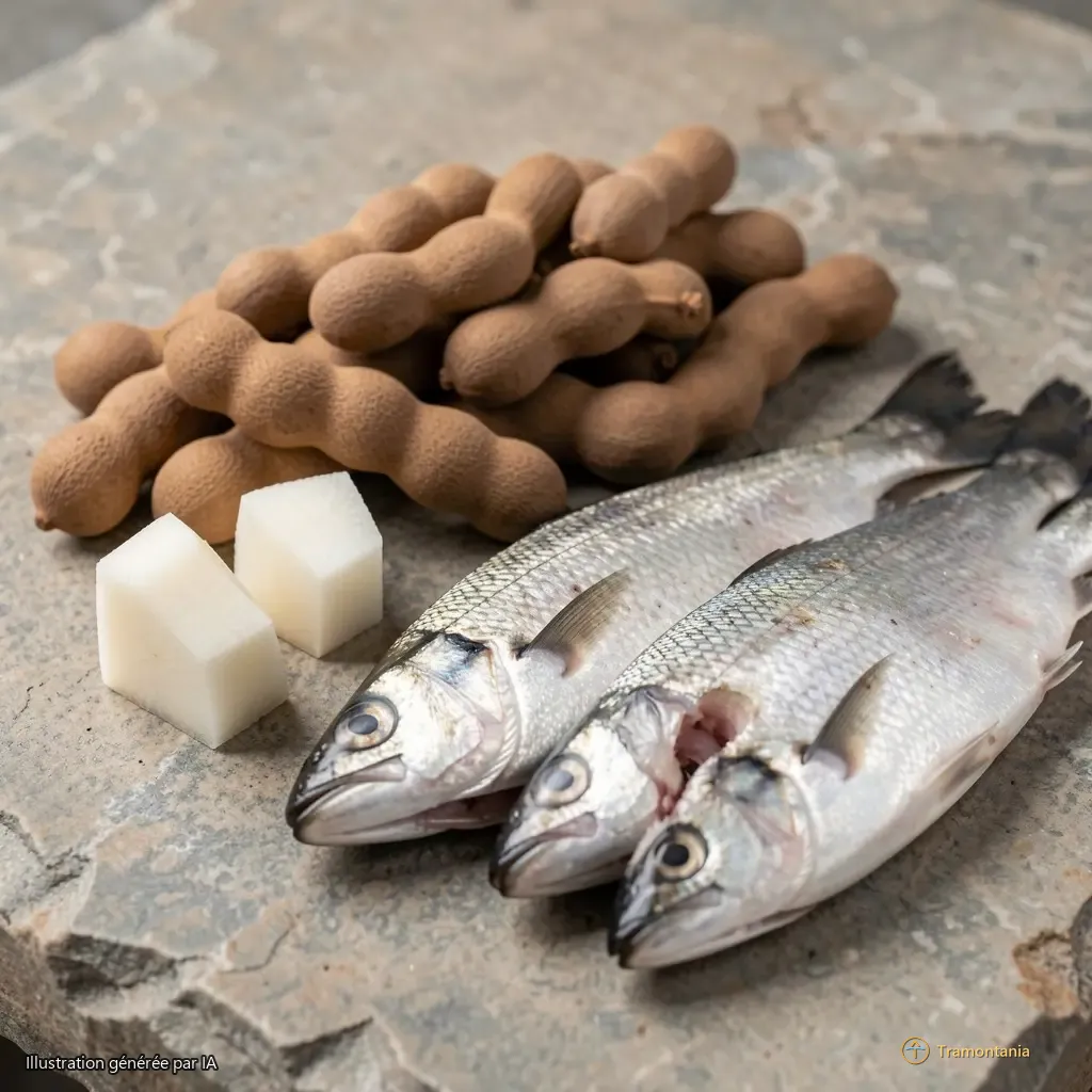 Close-up detail of fresh ingredients arranged neatly on a stone counter surface—a pile of ripe tamarind pods (sampalok), chunks of white root vegetable, and several pieces of local fish with visible scales. No hands are present in the frame.