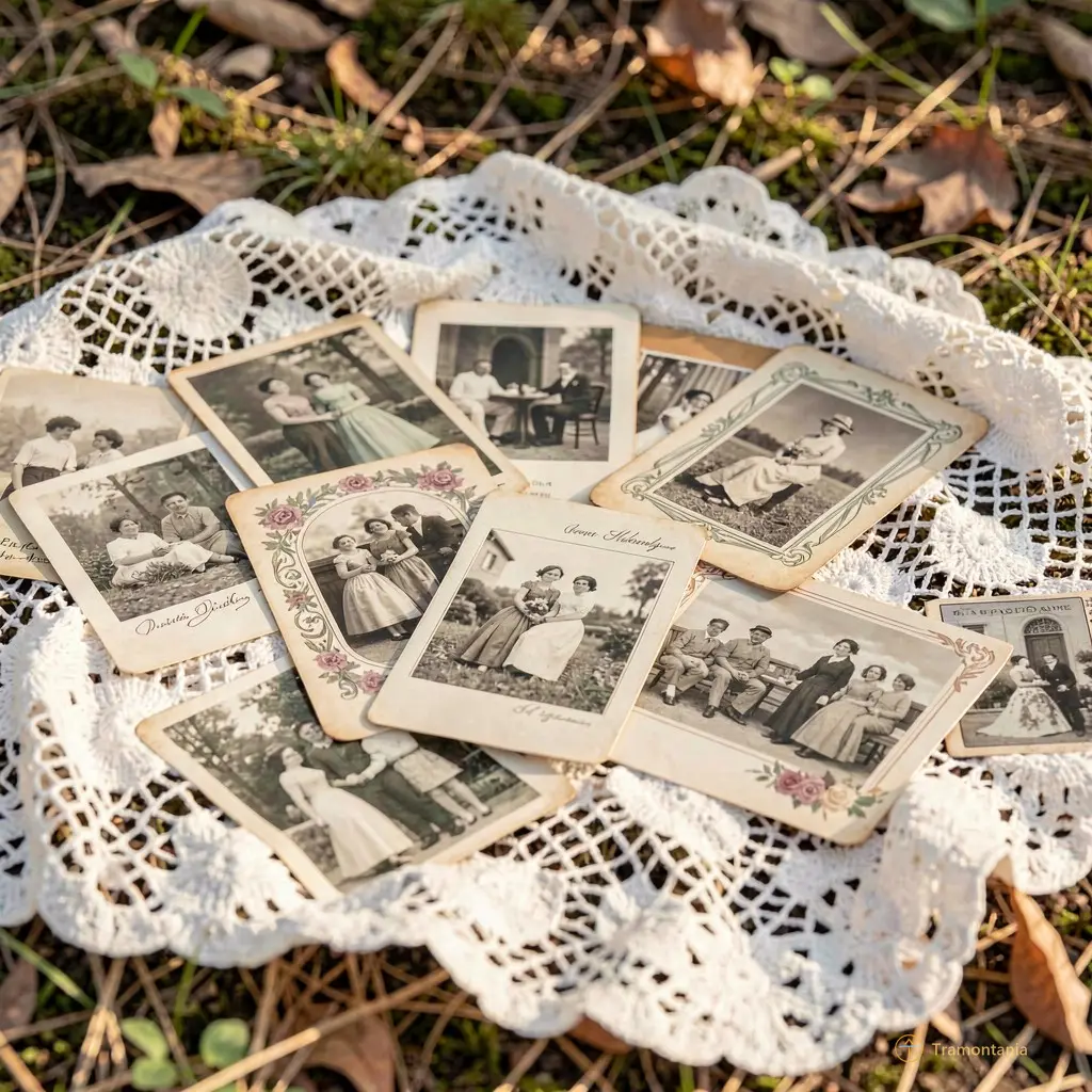 Gros plan sur des mains âgées tenant délicatement un vieux livre aux pages jaunies, posé sur une nappe à carreaux rouges et blancs, avec en arrière-plan flou un marché animé sous les arbres