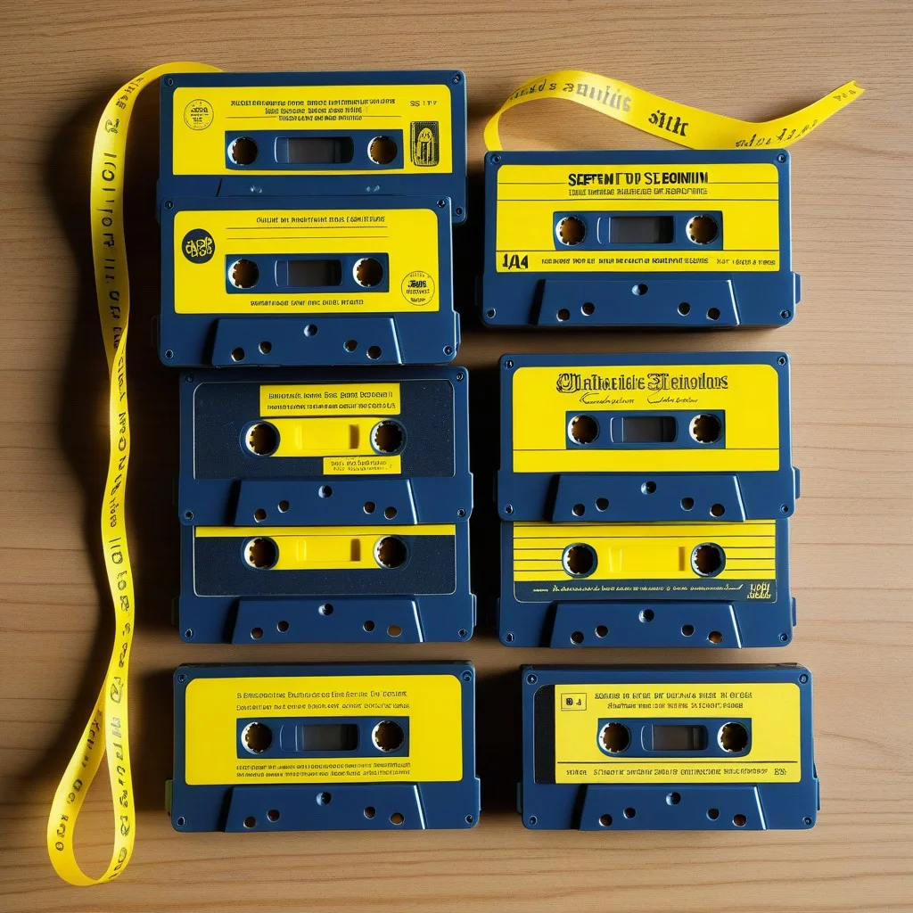 Cassettes audio en plastique jaune, empilées sur une étagère en bois vermoulu. Une étiquette manuscrite à l’encre bleue : "MIX PIERRE - SOIRÉE DU 14 JUILLET '87". Un morceau est sorti, le ruban déroulé en spirale comme un serpent endormi.