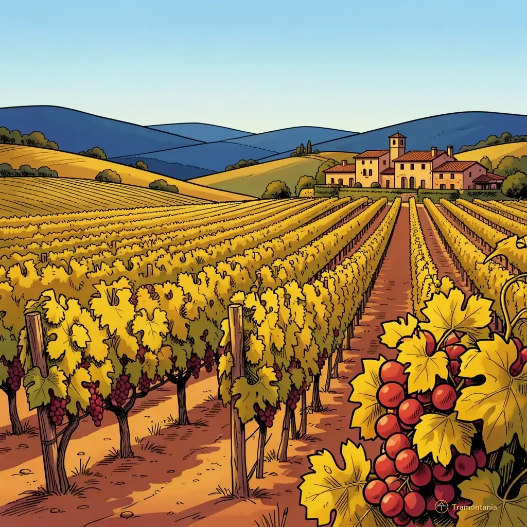 Nino, l'âne de Tramontania — Les rangées du vignoble s'étendent sur les collines vallonnées avec l'architecture locale visible sous un ciel dégagé