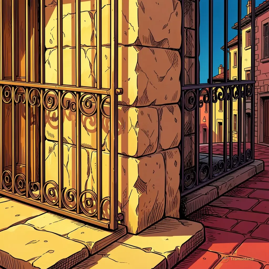 Un dessin de bande dessinée illustre les détails d'une rambarde en fer forgé contre un coin de mur de pierre patiné au cœur du vieux centre-ville