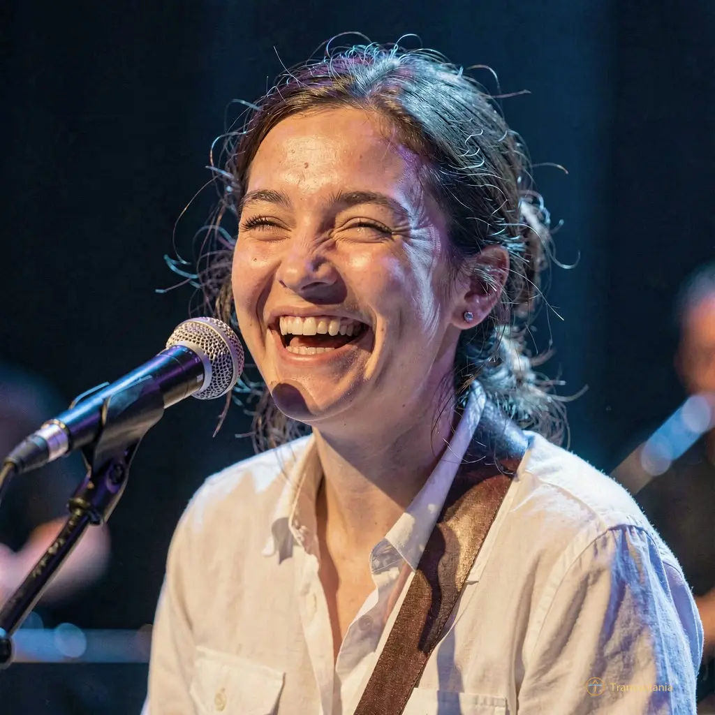 Close-up of Blandine Lehout laughing naturally during a performance, candid style