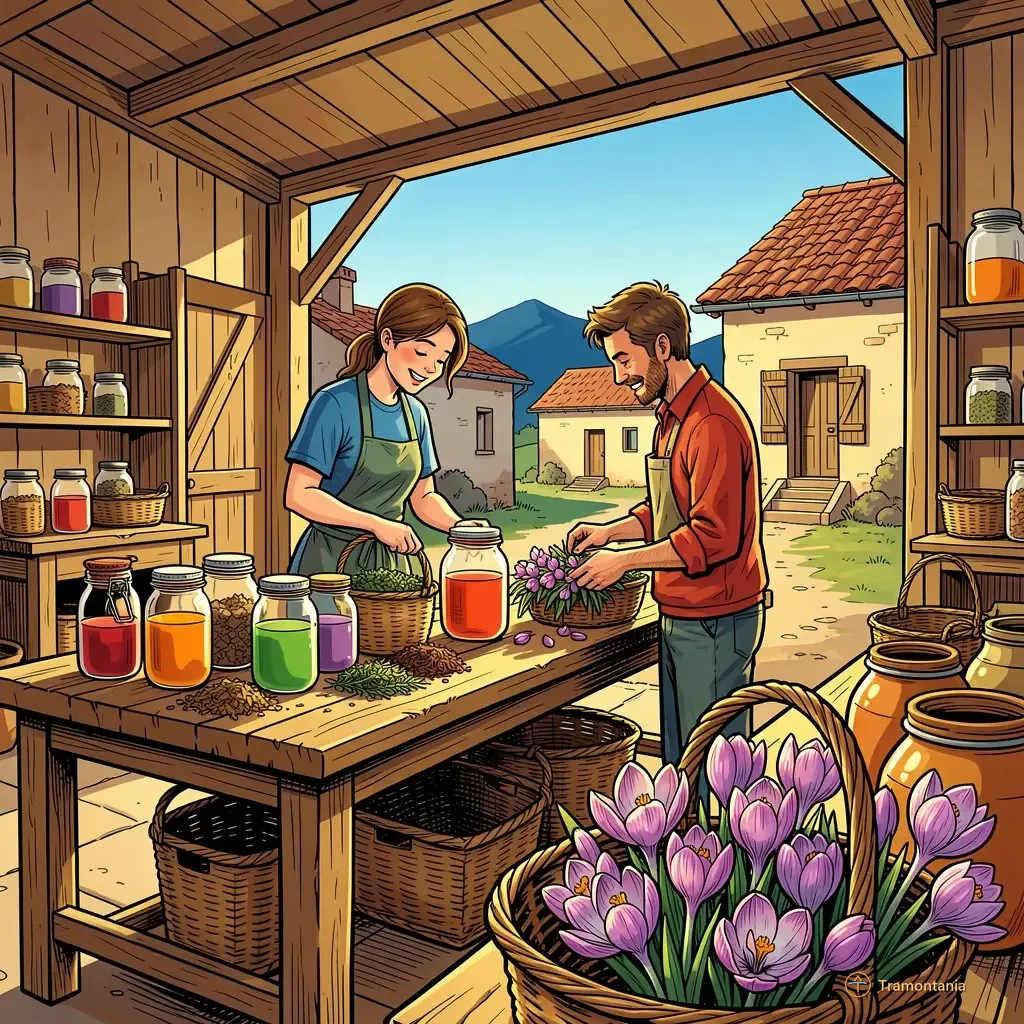 Plusieurs tables en bois brut exposent des produits agricoles locaux comme des pots de sirops colorés, des herbes sèches et des paniers de fleurs de crocus