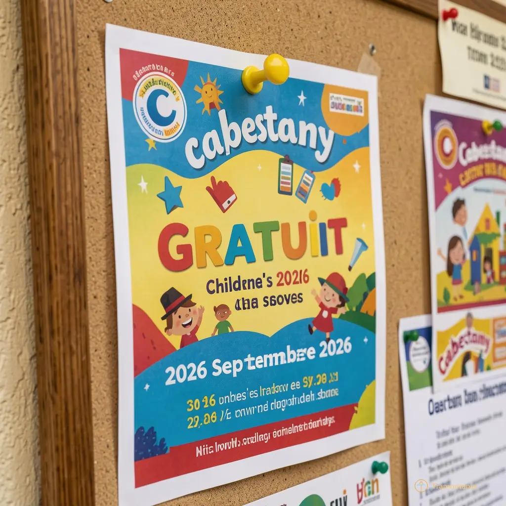 Close-up of a colorful program flyer pinned to a board in Cabestany town hall, highlighting the word 'Gratuit' and dates for September 2026 children's shows