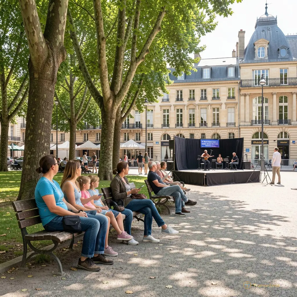 A group of parents and children sitting on benches in the shade of trees near the Place des Droits de l'Homme, watching a rehearsal or waiting for the show to start