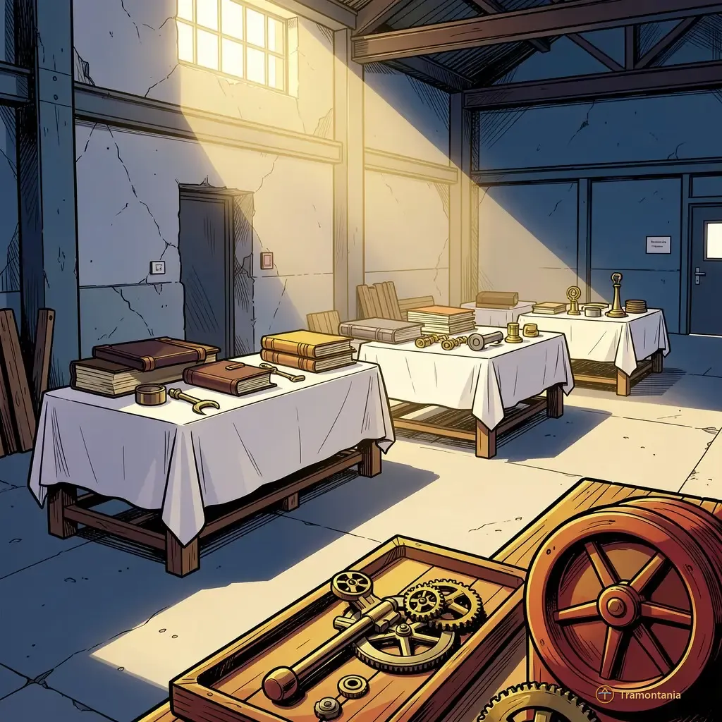Plusieurs tables recouvertes de toiles blanches présentent divers objets industriels ou historiques disposés avec soin dans un bâtiment ancien