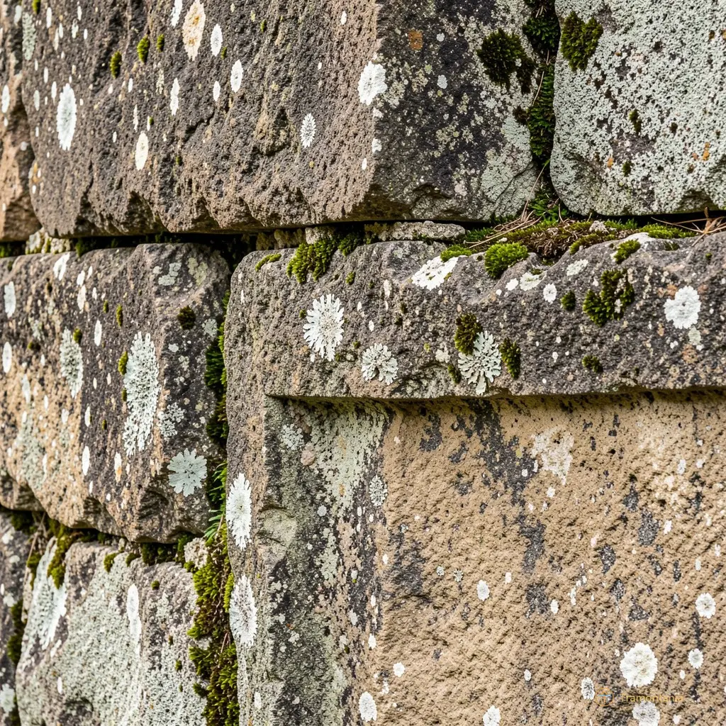 Close-up of weathered stone texture with moss growing in the crevices, highlighting the age and history of the building