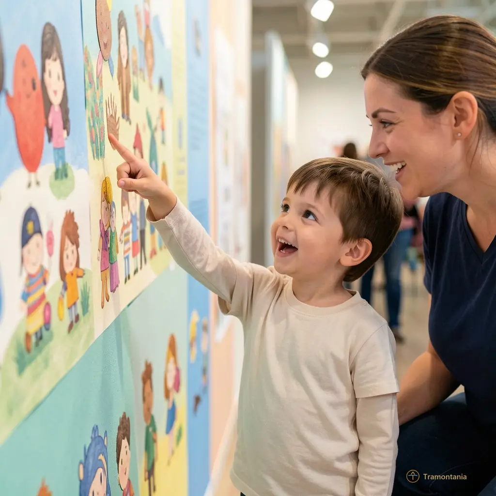 A child pointing excitedly at a detail on a wall, with a parent looking on, capturing the interactive and family-friendly nature of the event