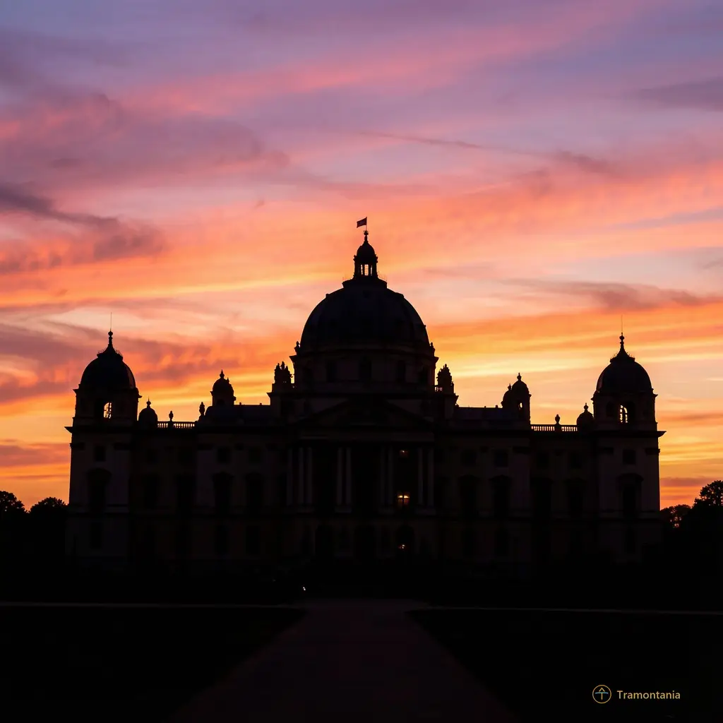 A silhouette of the palace against a sunset sky, emphasizing its grandeur and historical significance