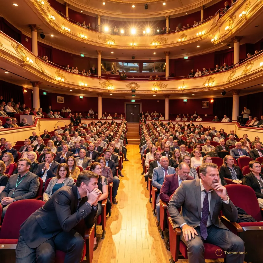 Wide shot of the Archipel auditorium, audience leaning forward in anticipation, warm stage lighting
