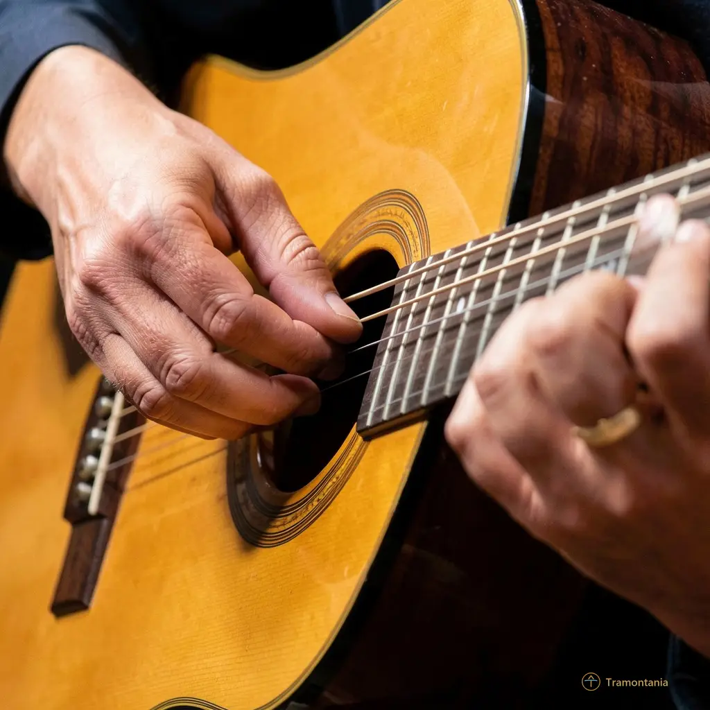 Detail shot of Souad Massi's hands on the guitar strings, dynamic angle