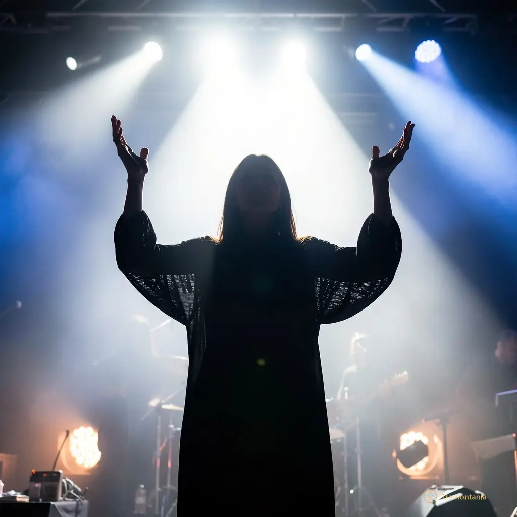 Souad Massi silhouette against the bright stage lights, arms slightly raised