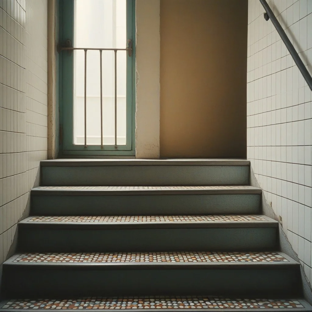 Une vieille clé en fer forgé, rouillée, posée sur une mosaïque de carreaux écaillés, dans un coin d’escalier oublié, avec la lumière du jour qui entre par une fenêtre haute et sale.