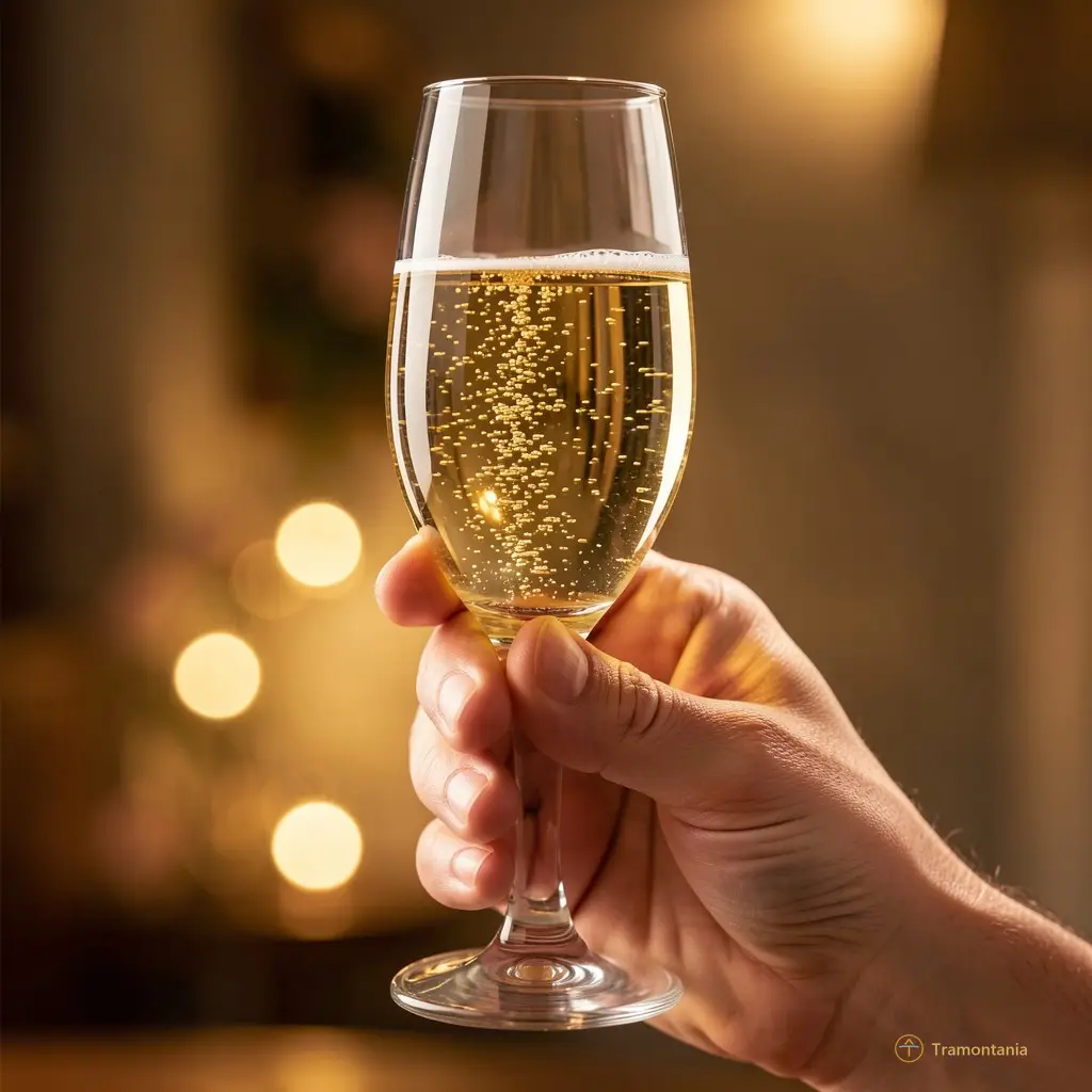 A hand holding a glass of sparkling wine up to the light, highlighting the bubbles rising in the golden liquid