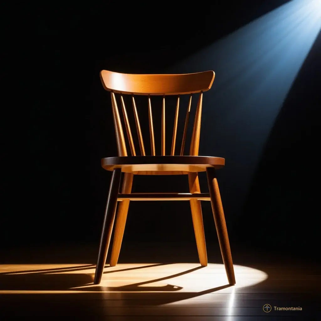 A close-up of a wooden chair center stage, bathed in dramatic spotlight against a dark background