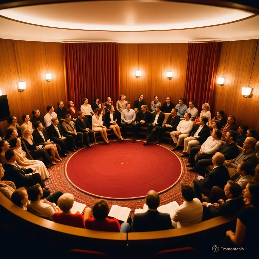A wide angle of an intimate audience sitting in a semi-circle around performers in a cozy room