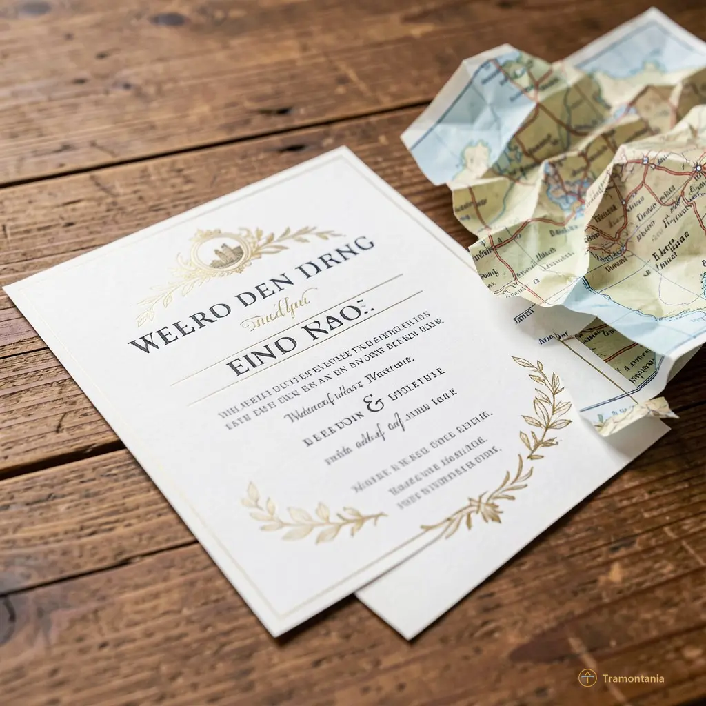 Close up on a wedding invitation lying on a table next to a crumpled map