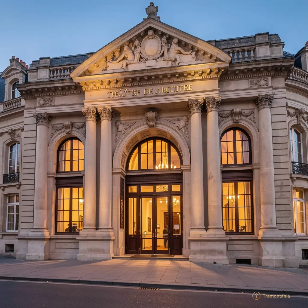 Exterior shot of the Théâtre de l'archipel facade at dusk, with warm light spilling from the entrance doors
