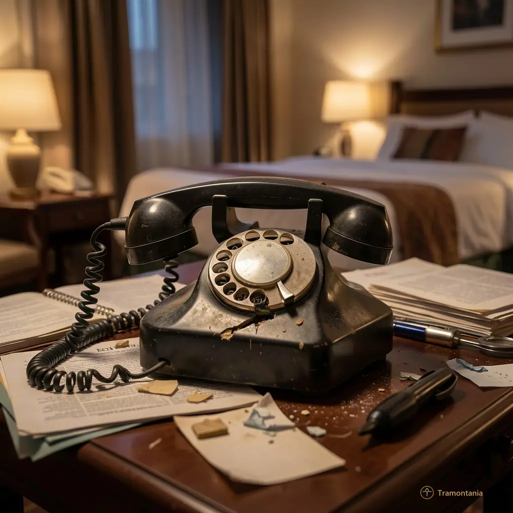 Close up of a broken vintage telephone on a cluttered table in a dimly lit hotel room
