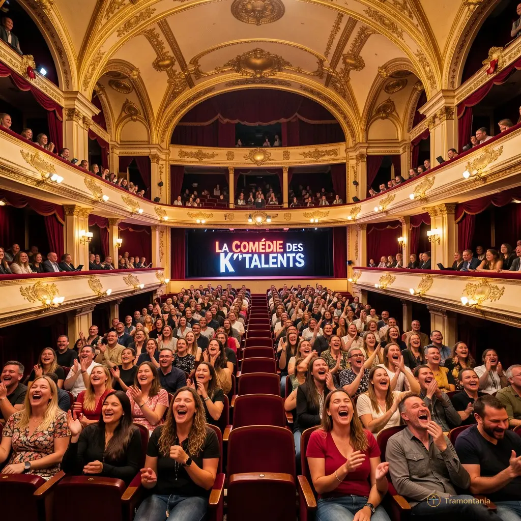 Wide shot of the La Comédie Des K'Talents theater interior with an audience laughing