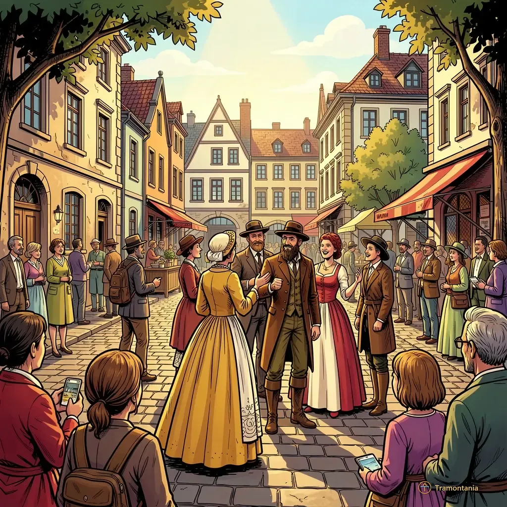 Un dessin de bande dessinée représentant une petite place animée au centre historique européen où des visiteurs modernes observent un groupe de personnages historiques interagissant