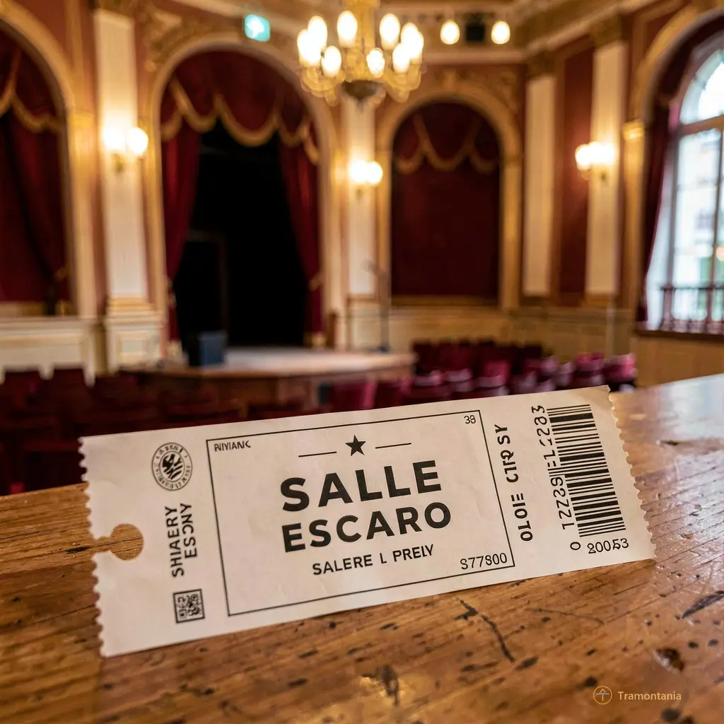 Close-up of a theater program or ticket stub for the play, with soft focus background showing the interior of the Salle Escaro