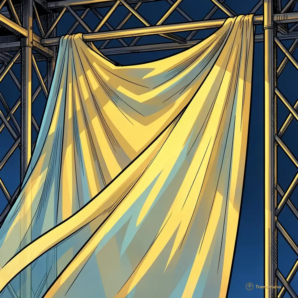 A detailed close-up of draped sheer fabric hanging from simple metal rigging on a stage structure. The material is catching streaks of bright yellow and blue light, creating visible patterns that suggest movement or passing drafts. 2D comic book illustration style, bold black ink outlines, cel shading, flat saturated colours, dense linework with hatching, richly detailed scene, warm southern light, gold and yellow in the foreground against a deep blue background.