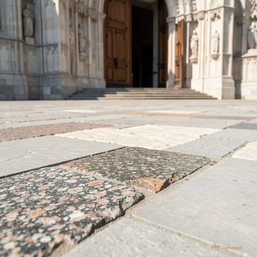 Les pavés anciens et les détails architecturaux montrent le contraste entre différents types de pierres locales devant une grande entrée de cathédrale