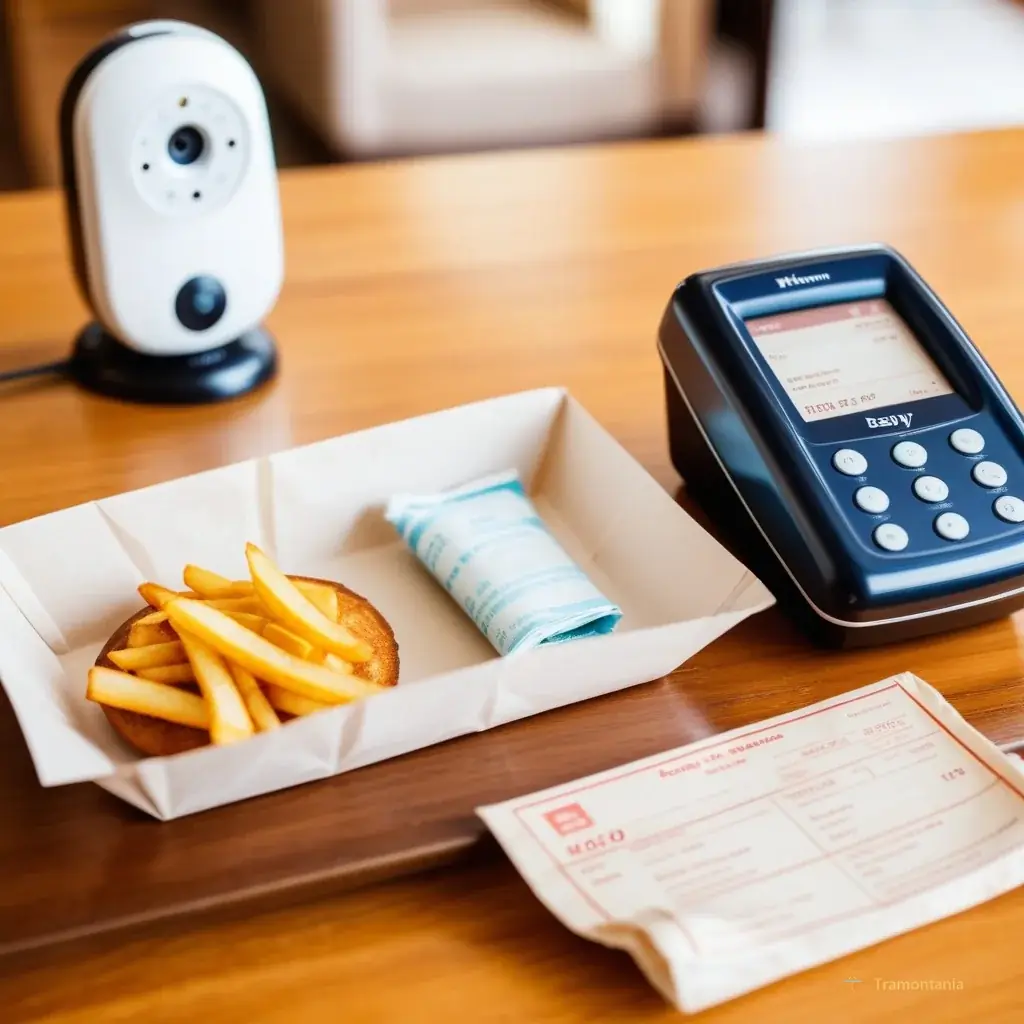 Close-up of a vintage-style baby monitor and a crumpled fast-food receipt lying on a wooden coffee table, soft focus background